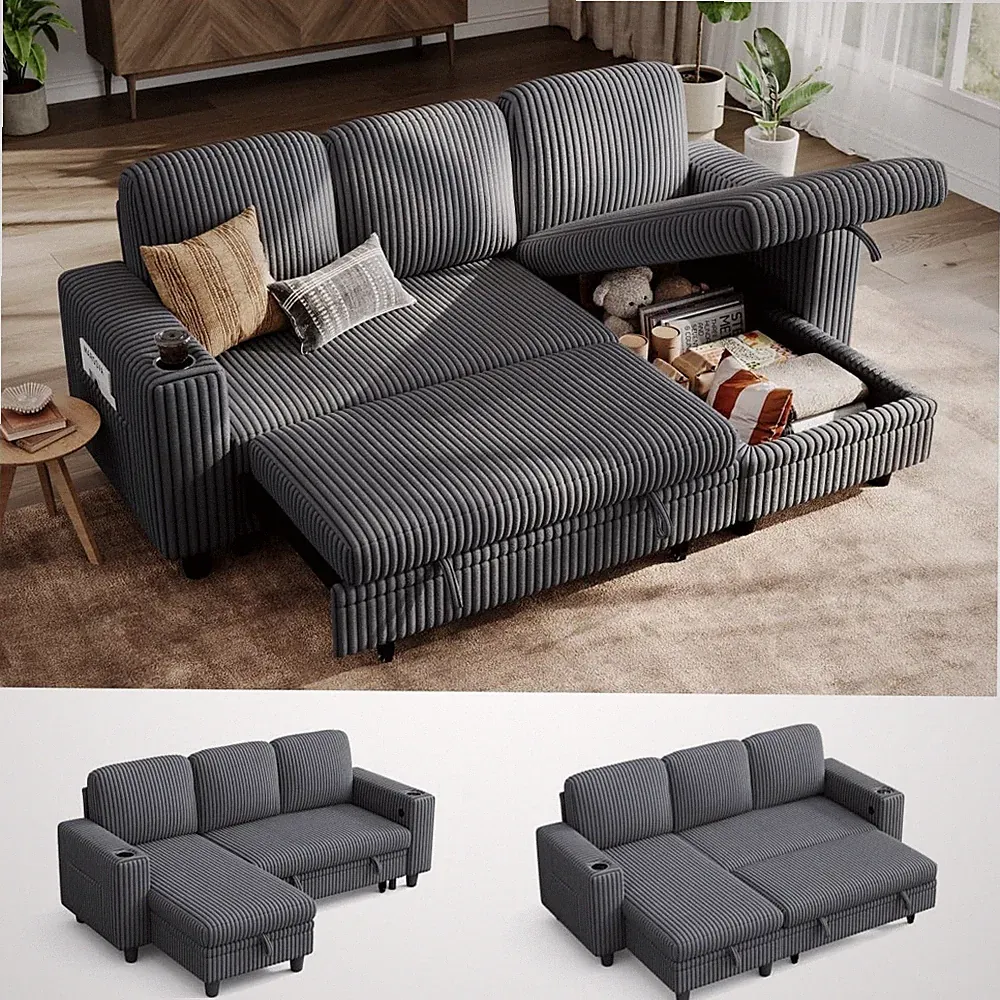 81 Sectional Couch w/ Pull Out Bed Storage Chaise Corduroy USB Cupholder Grey