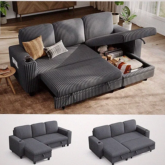 81 Sectional Couch w/ Pull Out Bed Storage Chaise Corduroy USB Cupholder Grey