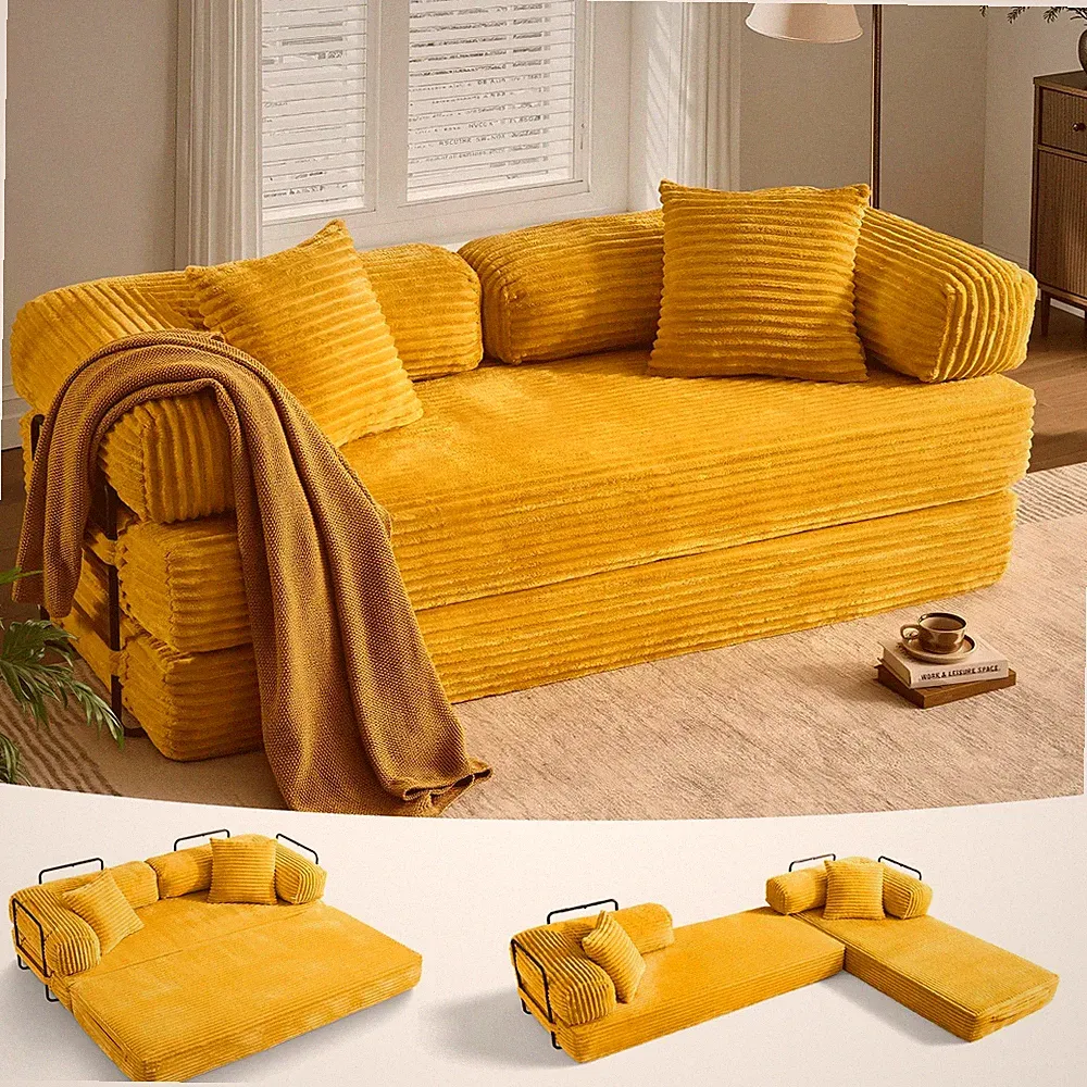 81" Yellow Faux Fur Folding Sofa Bed Boneless Sleeper Lounger