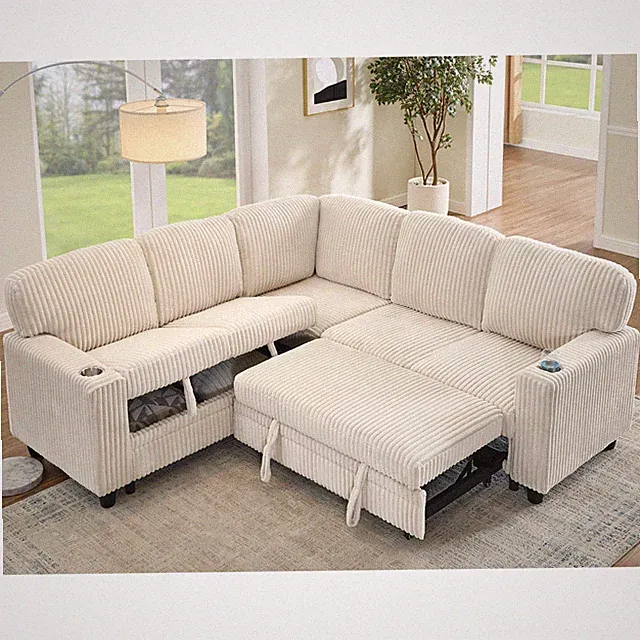 81in L Shaped Sectional Sofa Pull-out Bed 5-Seat Couch w/ USB Port & Cup Holder