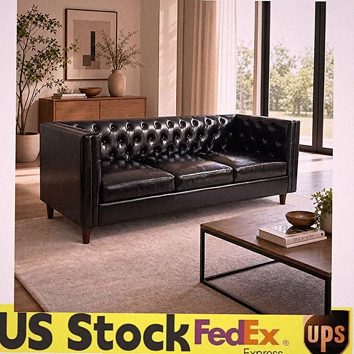 🔝81INCH Modern 3 Seat Leather Couch for Living Room,Handmade Button Tufted Sofa