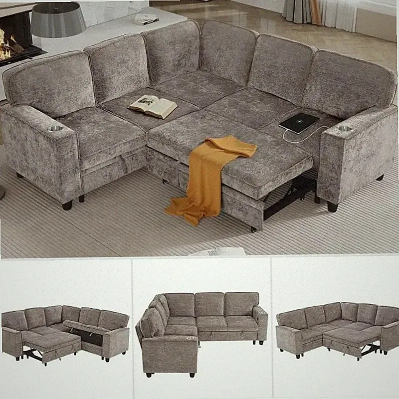 81inch Modular Sectional Sofa, L Shaped 5-Seater Sleeper Sofas with Pull Out Bed