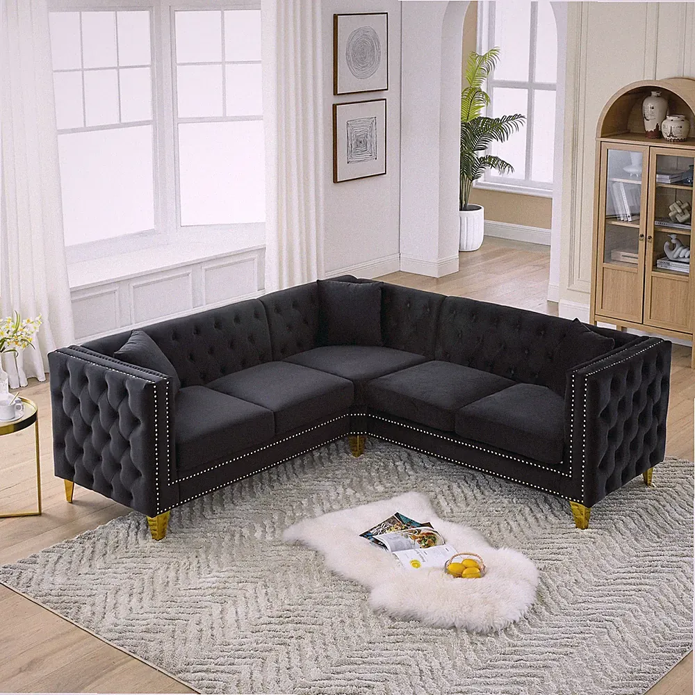 82.2-Inch Velvet Corner Sofa, L-Shaped Sectional Couch, 5-Seater Corner Sofas