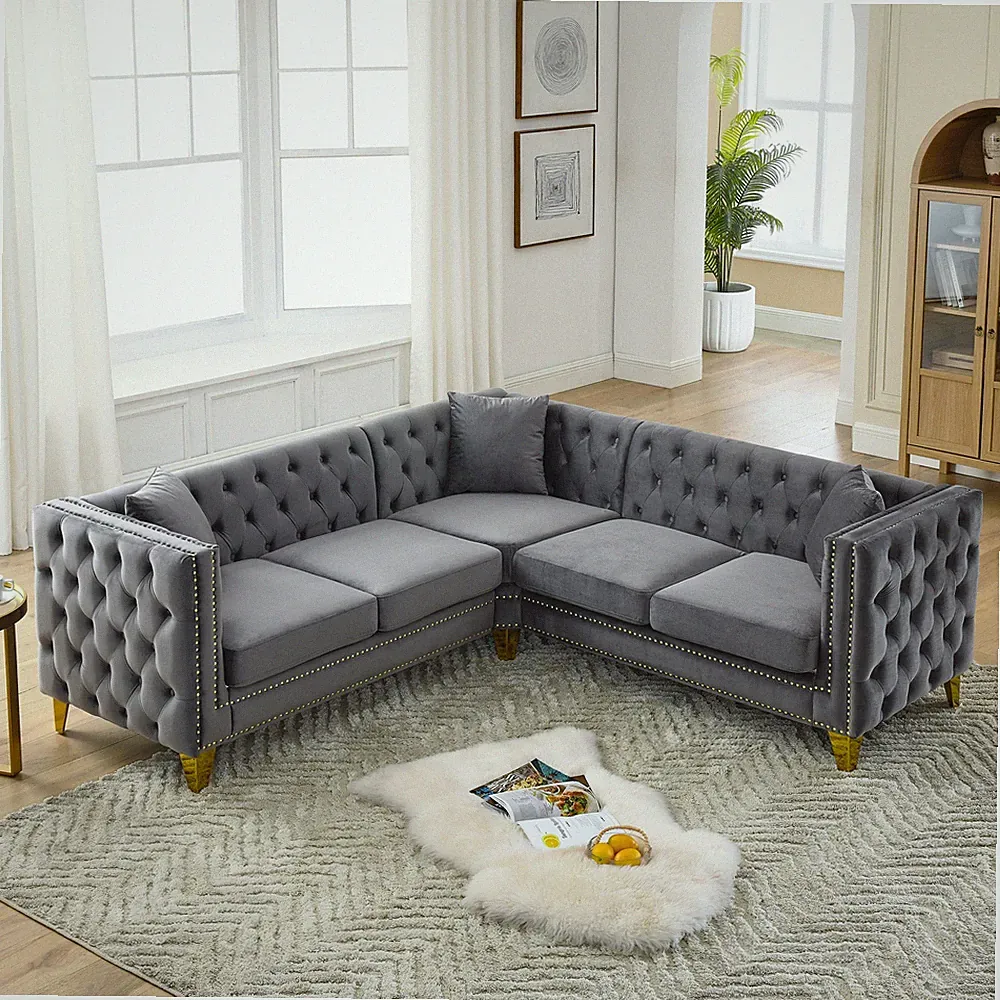 82.2-Inch Velvet Corner Sofa ,L-Shaped Sectional Couch,5-Seater Corner Sofas w/3