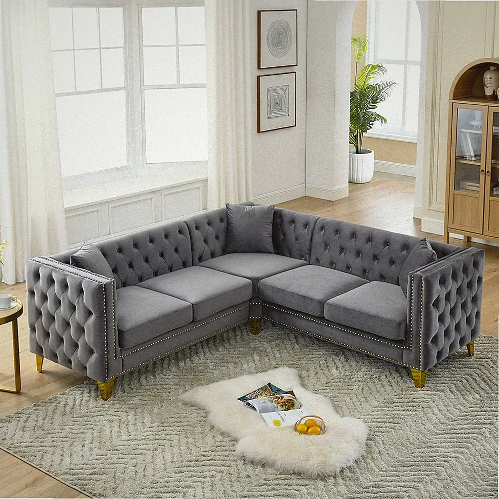 82.2-Inch Velvet Corner Sofa , L-Shaped Sectional Couch, 5-Seater Corner Sofas w