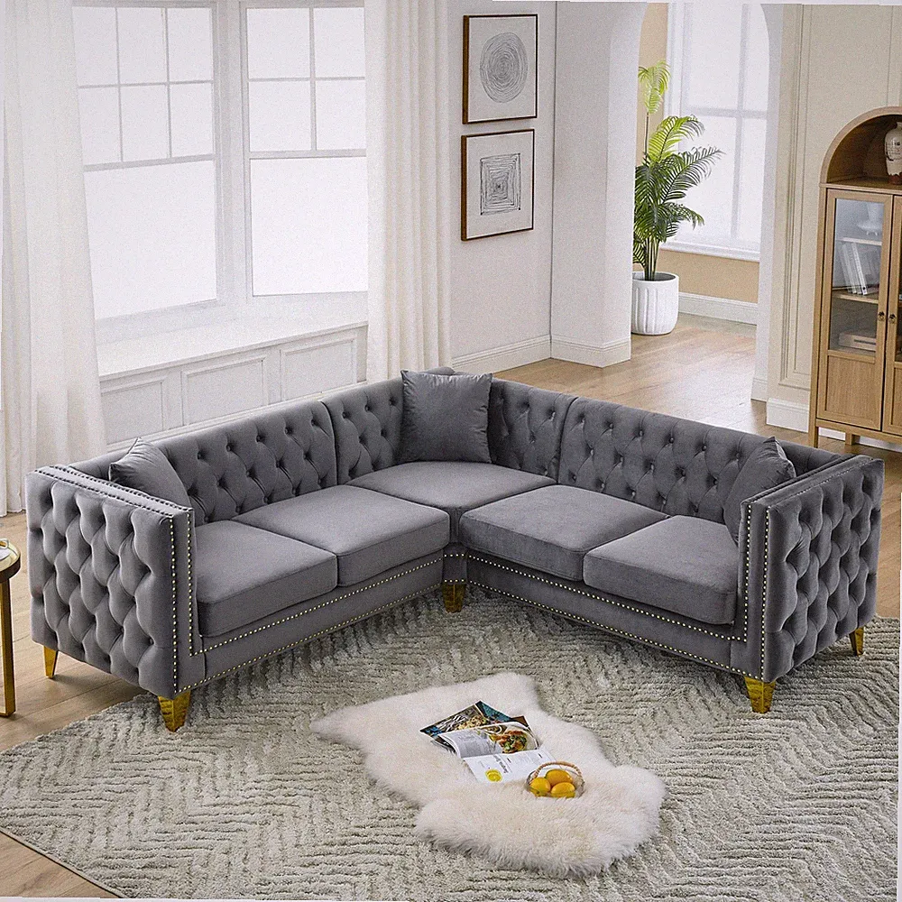 82.2'' Velvet L-Shaped Sectional Sofa, Corner Sofa Couch Chesterfield Gray