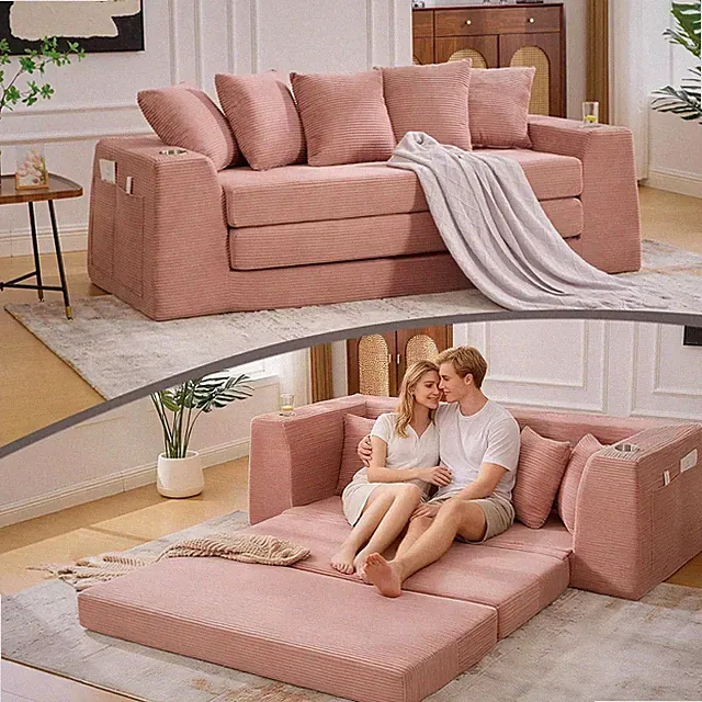 82.3" Folding Convertible Sofa Bed 2-in-1 Boneless Loveseat Sofa with Cup Holder