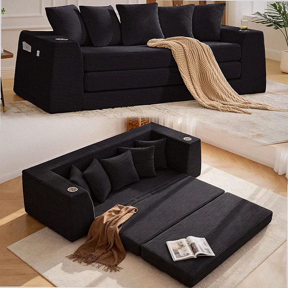 82.3" Folding Convertible Sofa Bed 2-in-1 Boneless Loveseat Sofa with Cup Holder