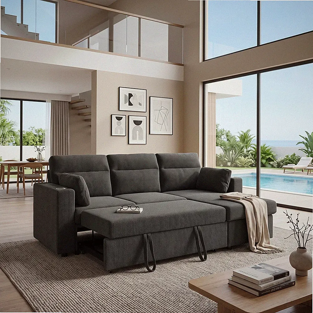 82.5" Convertible L-Shaped Pull-Out Sectional Sofa Bed w/Storage Chaise,Cup Hold