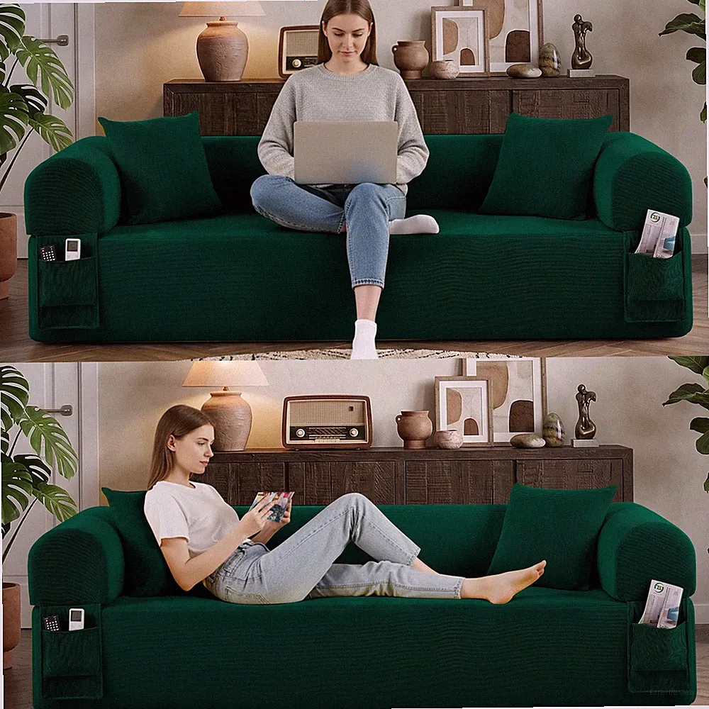 82.5" Convertible Sofa Bed,Corduroy Cloud Floor Boneless Couch with Side Pockets