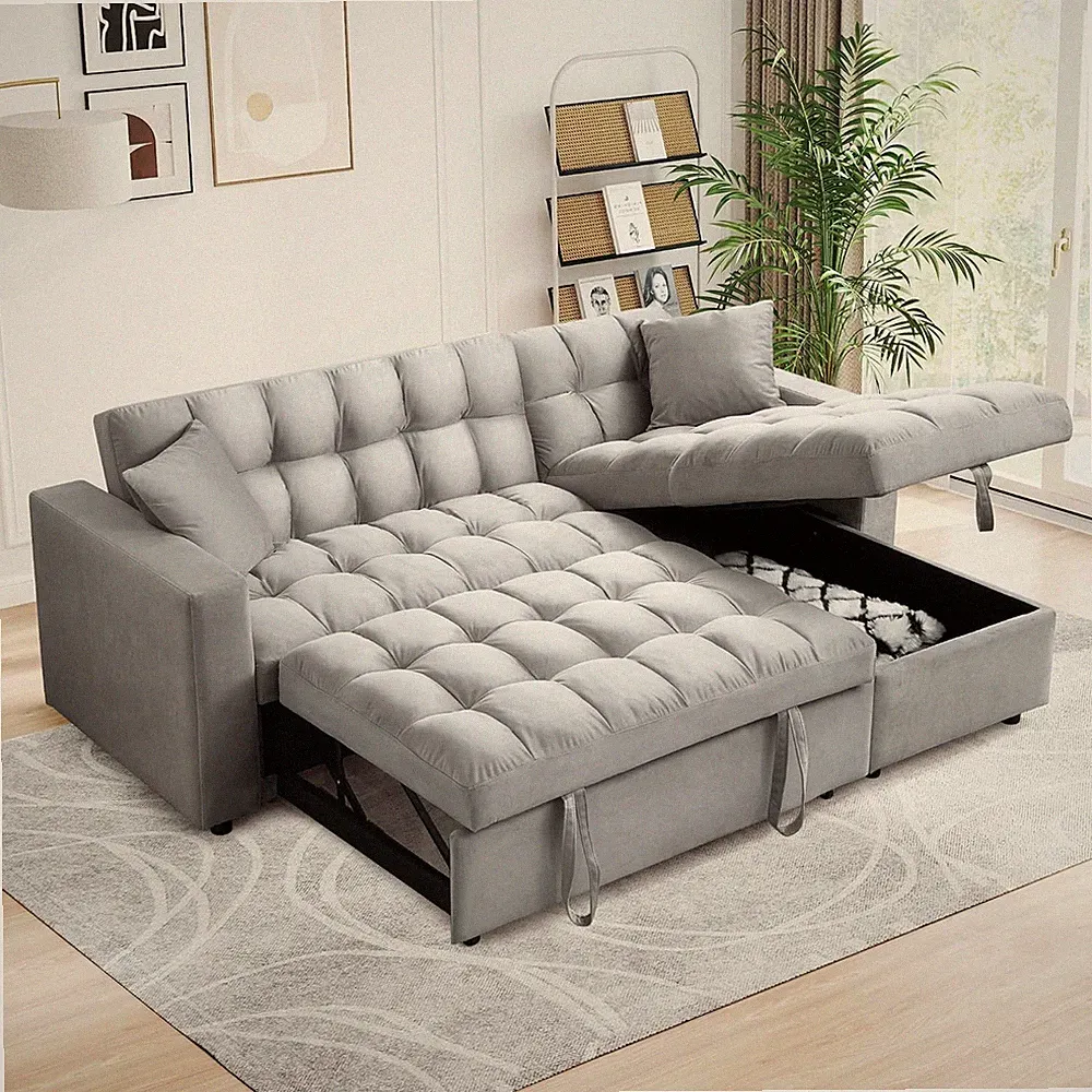 82.6" Convertible Sleeper Sofa Bed Velvet Tufted L Shaped Sectional Couch