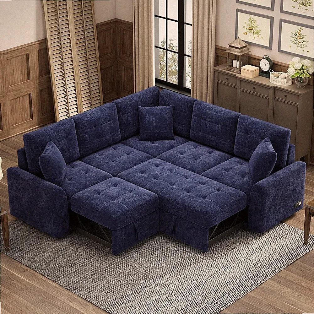 82.6" L-Shape Sofa Bed, Pull-Out Sleeper Sofa with Wheels, USB Ports, Power Sock