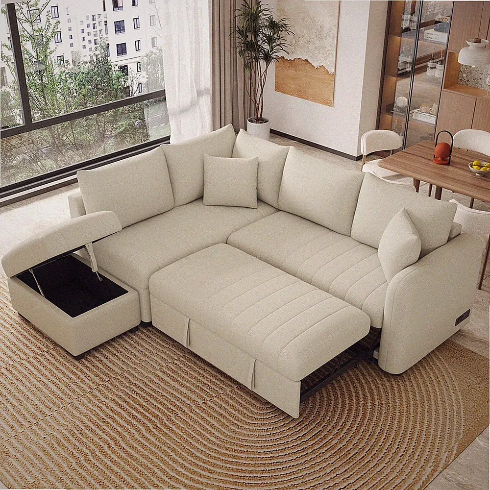 82.6" L-shaped Sectional Pull Out Sofa Bed Sleeper Sofa with Two USB Ports, Tw