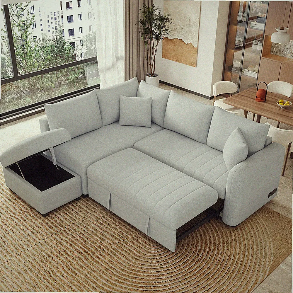 82.6" L-shaped Sectional Pull Out Sofa Bed Sleeper Sofa with Two USB Ports, Two
