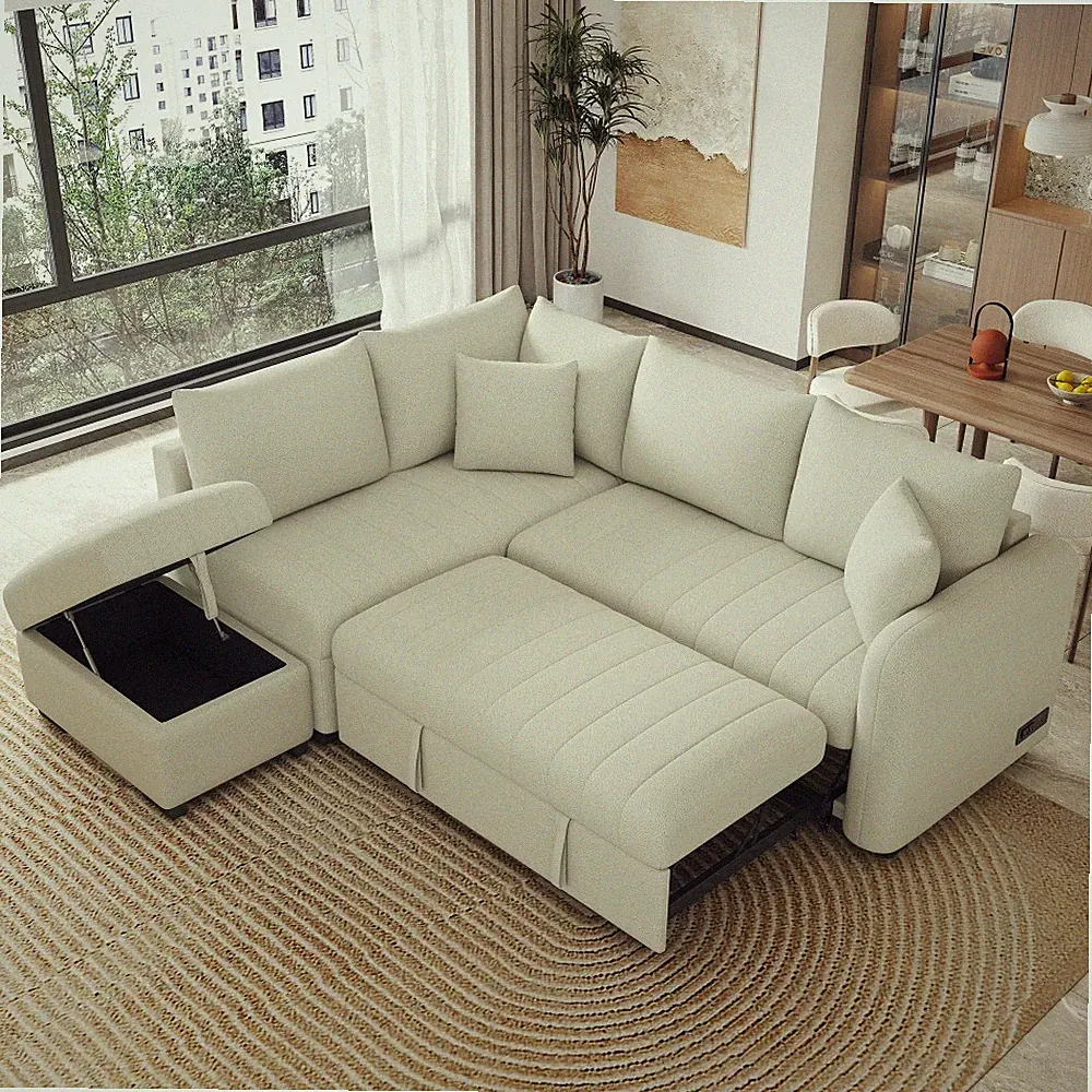 82.6" L-Shaped Sleeper Sofa Bed, Pull-Out, USB/Power, Storage Ottoman