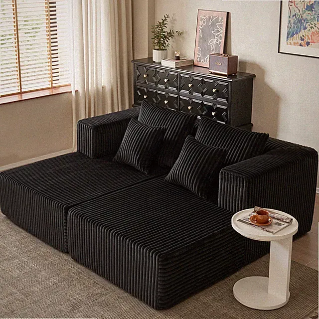 82.7" Corduroy Cloud Sleeper Sofa Dual Mattress Wide Arms w/4 Throw Pillow Balck