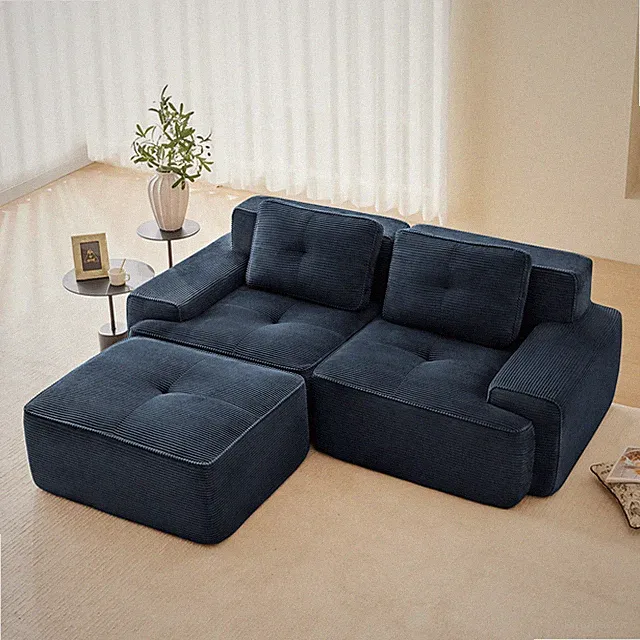 82 Inch L Shaped Sectional Sofa 2 Seater Corduroy Fabric Deep Seat Blue
