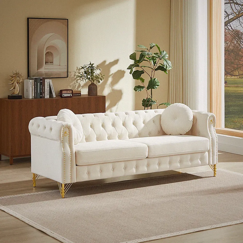 82-Inch Velvet Chesterfield sofa w/two round pillows,featuring copper stud deta