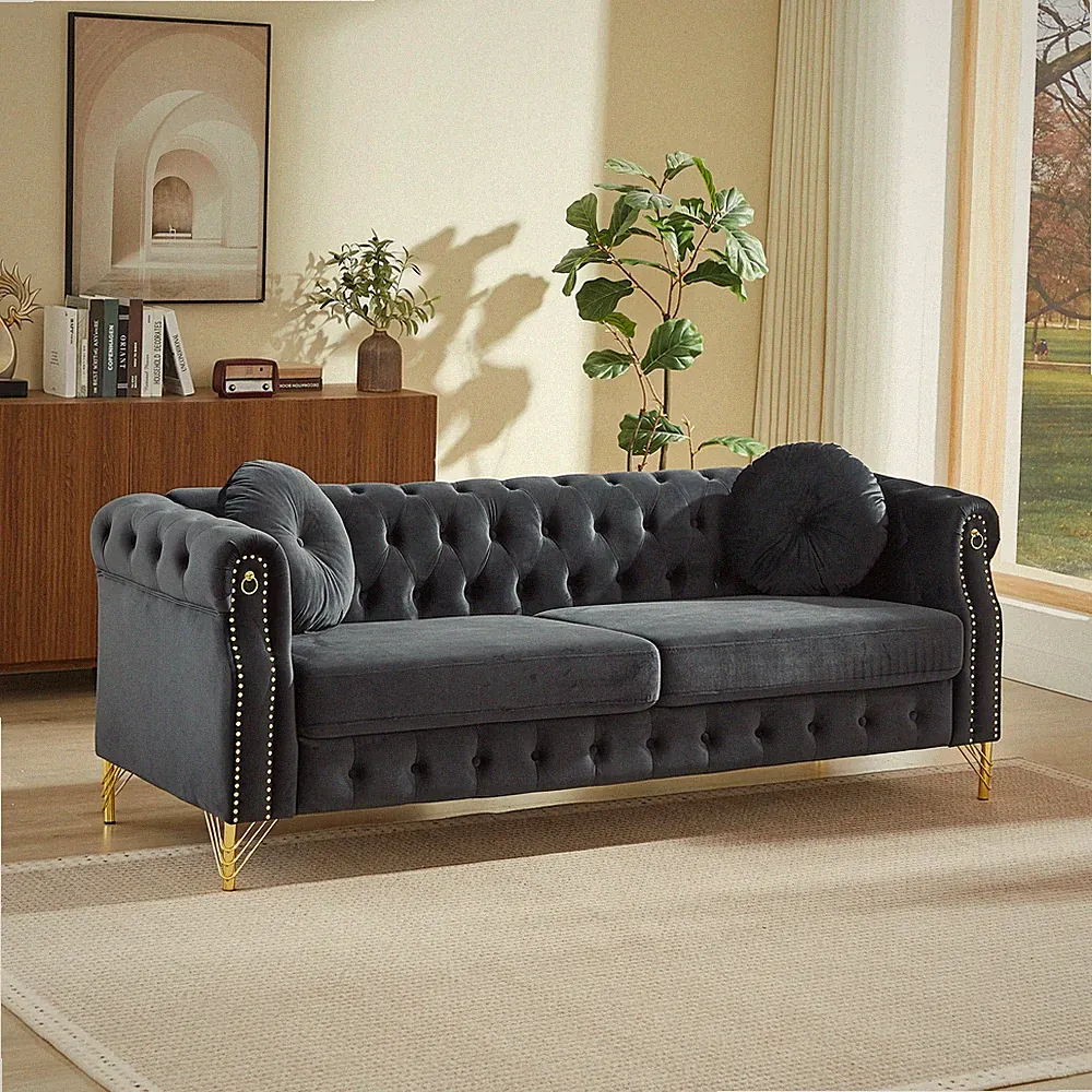 82-Inch Velvet Chesterfield sofa w/two round pillows,featuring copper stud detai