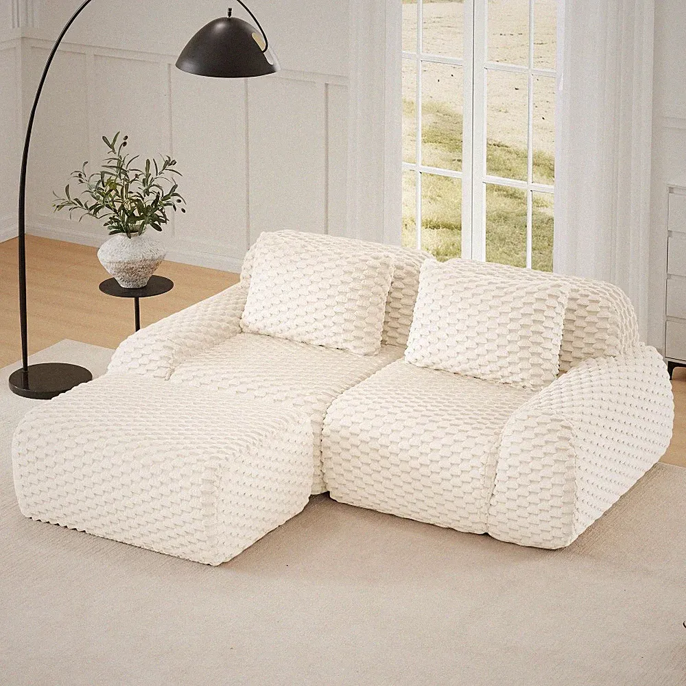 82" L-Shaped Sectional Sofa w/ Ottoman, Flannelette Fabric, Cream