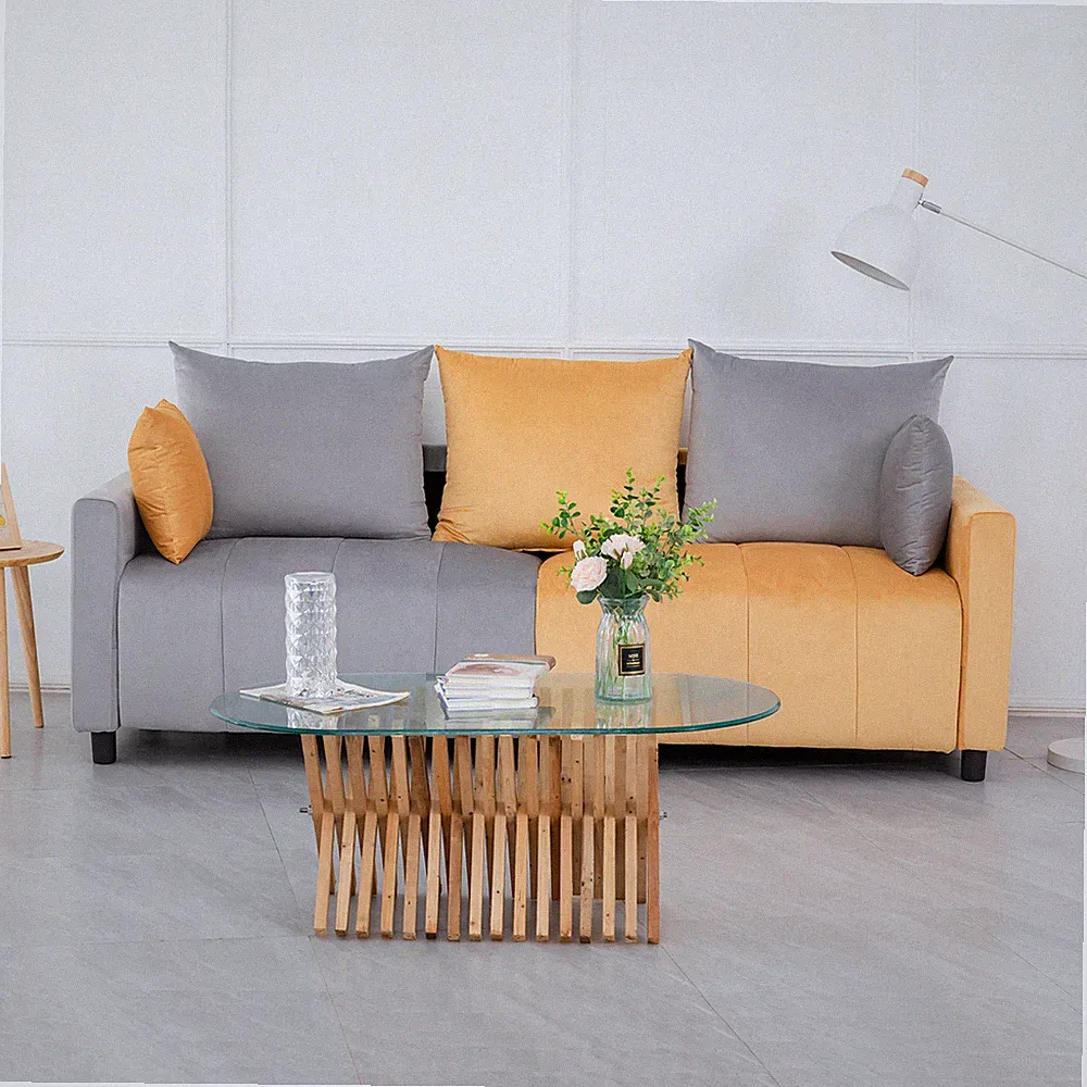 82" Velvet Modern 2-Seater Sofa Light Grey Yellow Two-Tone Sectional Couch Sofa