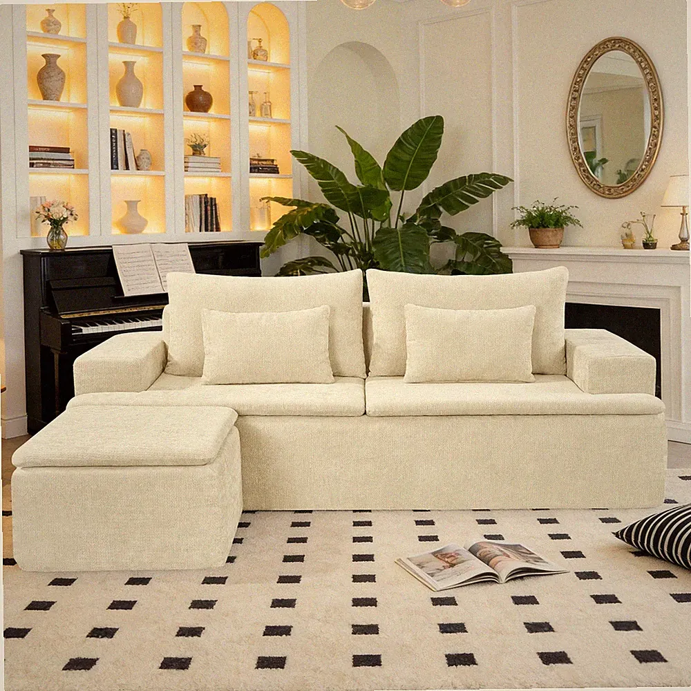 83.07"Upholstered Boneless L-Shape Couch Deep Seat Sectional Couch with Ottoman