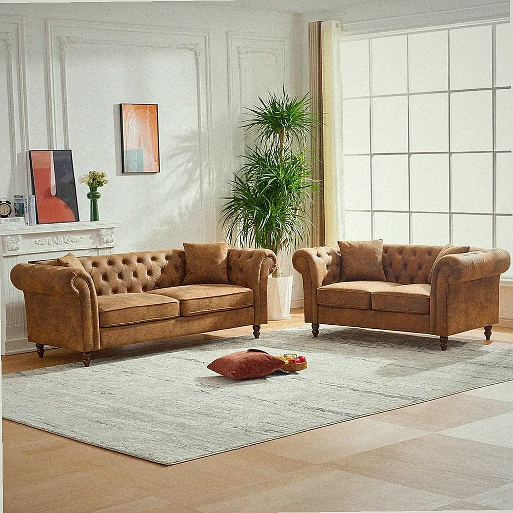 83"+66" Chesterfield ‌tech Fabric Sofa 5 (3+2) Seater Couch Set with Rolled Arms