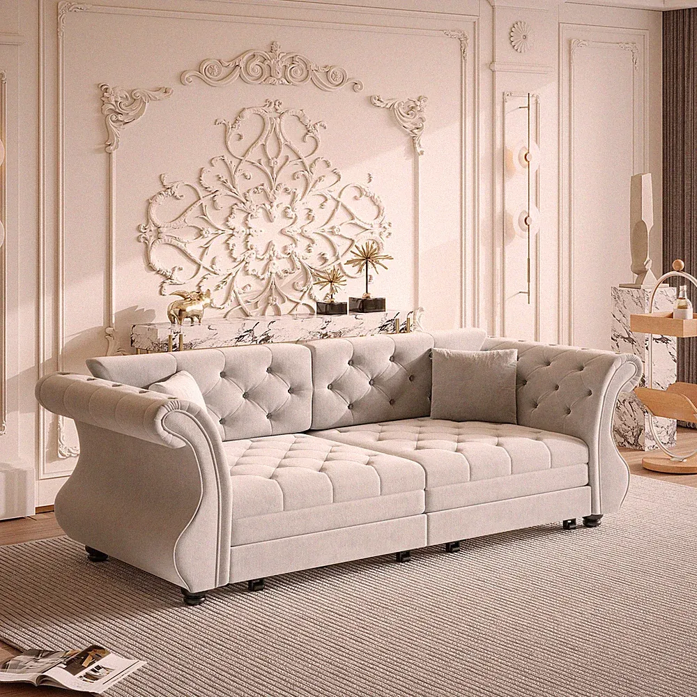 83.8" Oversized Chesterfield Pull Out Sofa Bed,Classic Roll Arm Velvet Couch w/