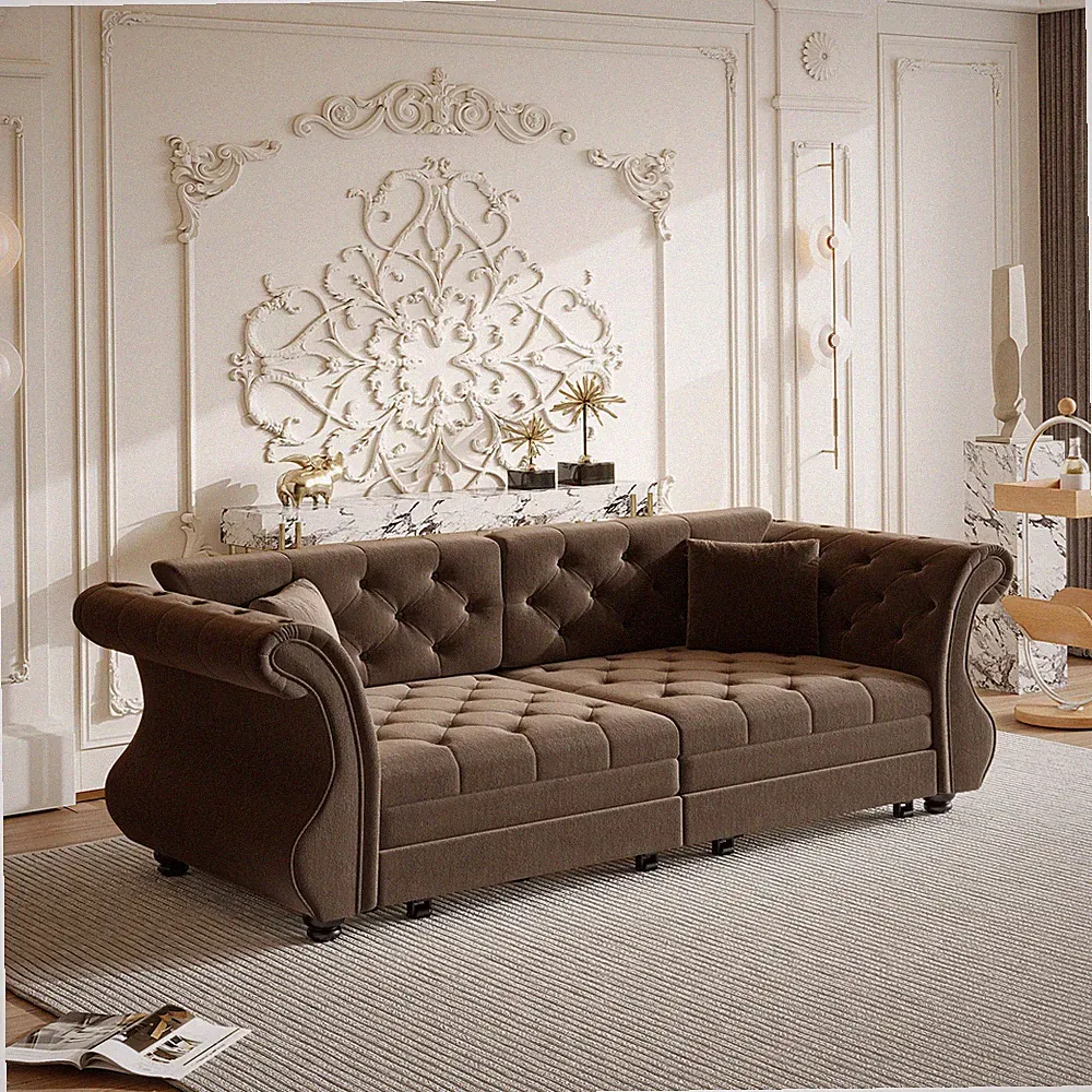 83.8" Oversized Chesterfield Pull Out Sofa Bed, Classic Roll Arm Velvet Couch wi