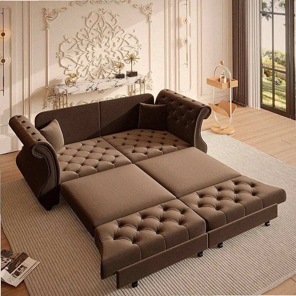 83.8"" Oversized Chesterfield Pull Out Sofa Bed Sleeper Sofa Couch Tufted Brown