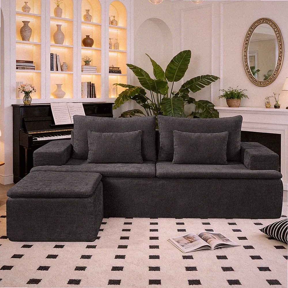 83" L-Shape Modular Sectional Sofa Corduroy Boneless Couch with Movable Ottoman
