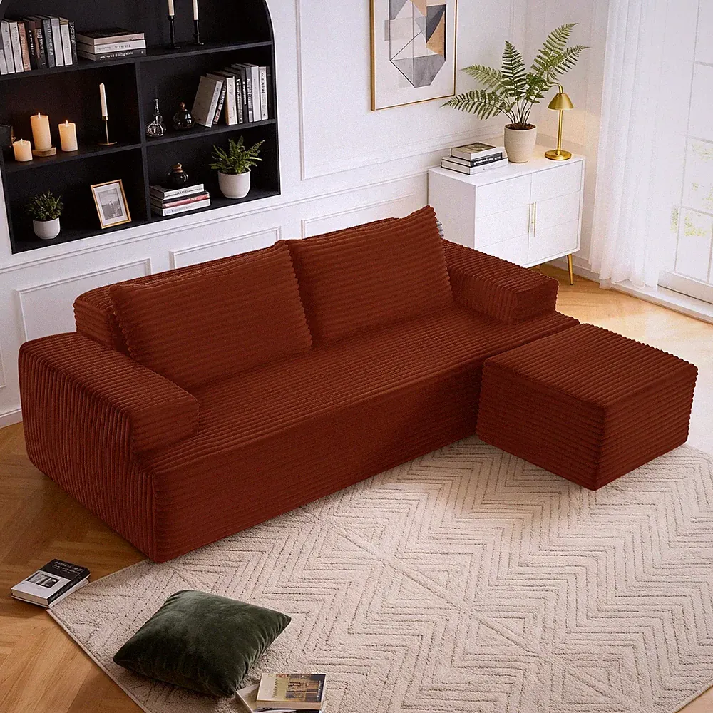 83" Modular Sectional Sofa ,Corduroy Cloud Couch with Movable Ottoman & Cushions