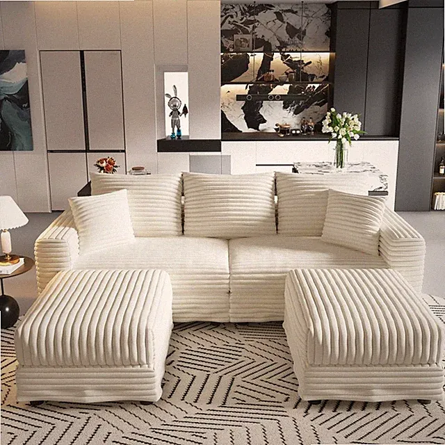 83" Plush Corduroy 3-Seat Sofa w/ Ottomans, Convertible Cloud Couch Beige/White
