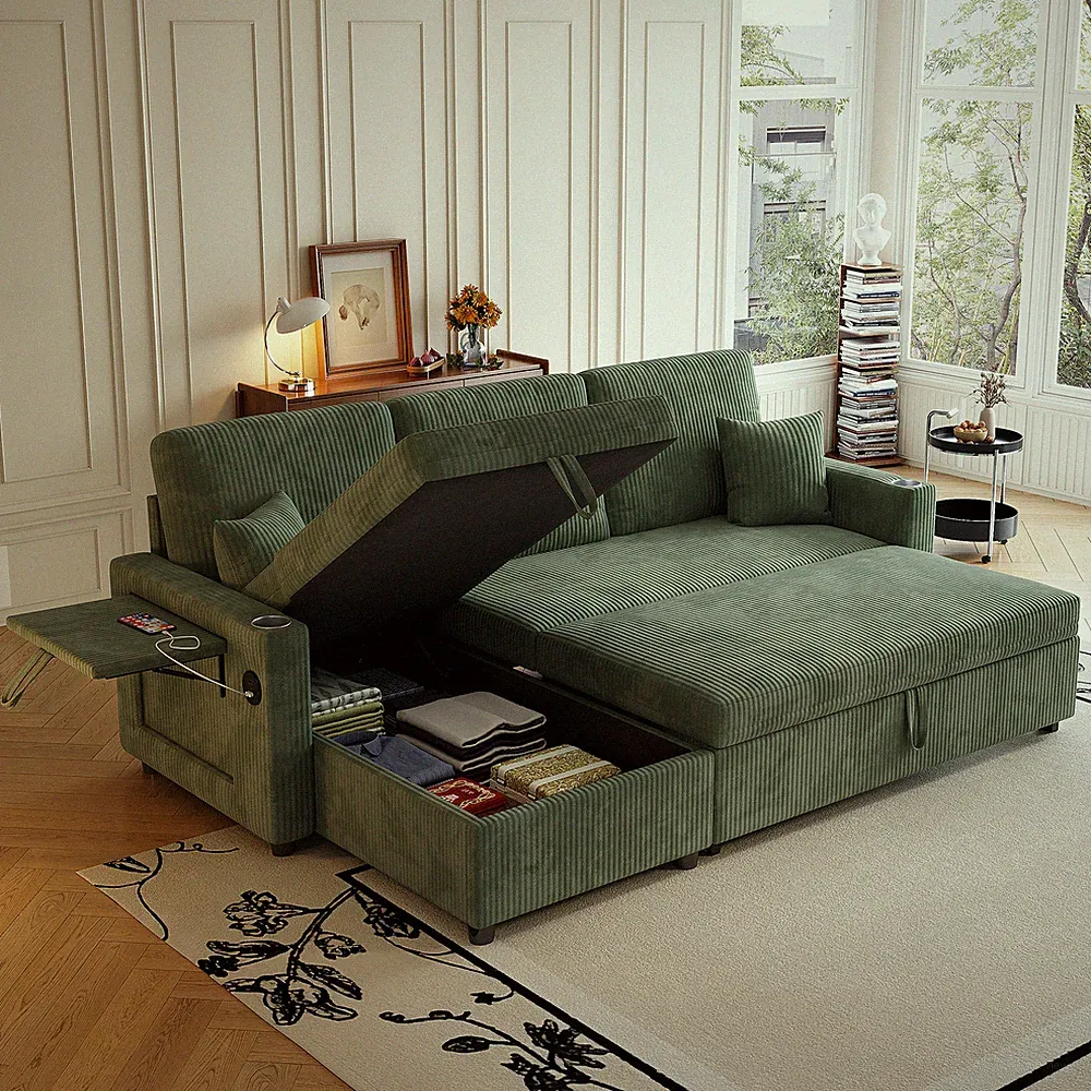 83" Sectional Sleeper Sofa L Shaped Couch w/Pull Out Couch Bed, Storage & USB