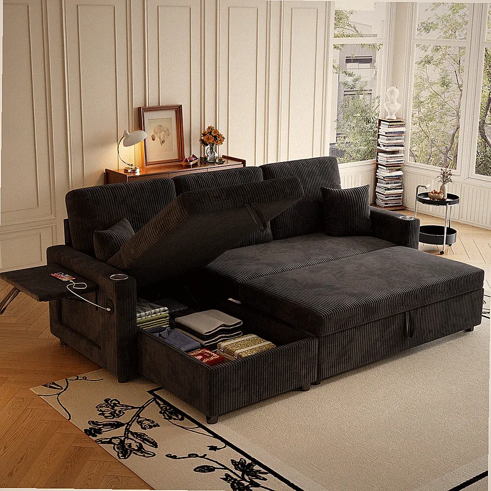 83" Sectional Sleeper Sofa L Shaped Couch w/Pull Out Couch Bed, Storage & USB
