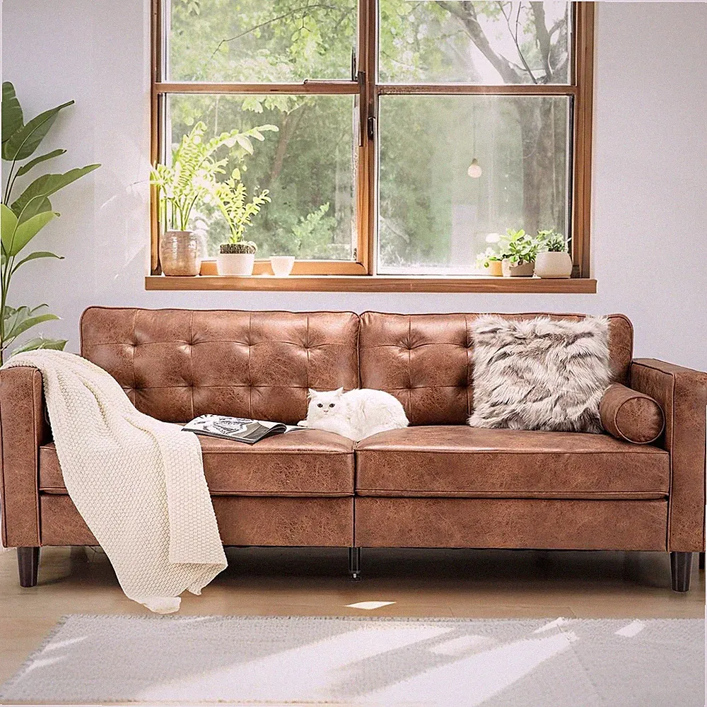 84.2" Mid-Century Modern Faux Leather Sofa Bed 3-Seater Brown Tufted