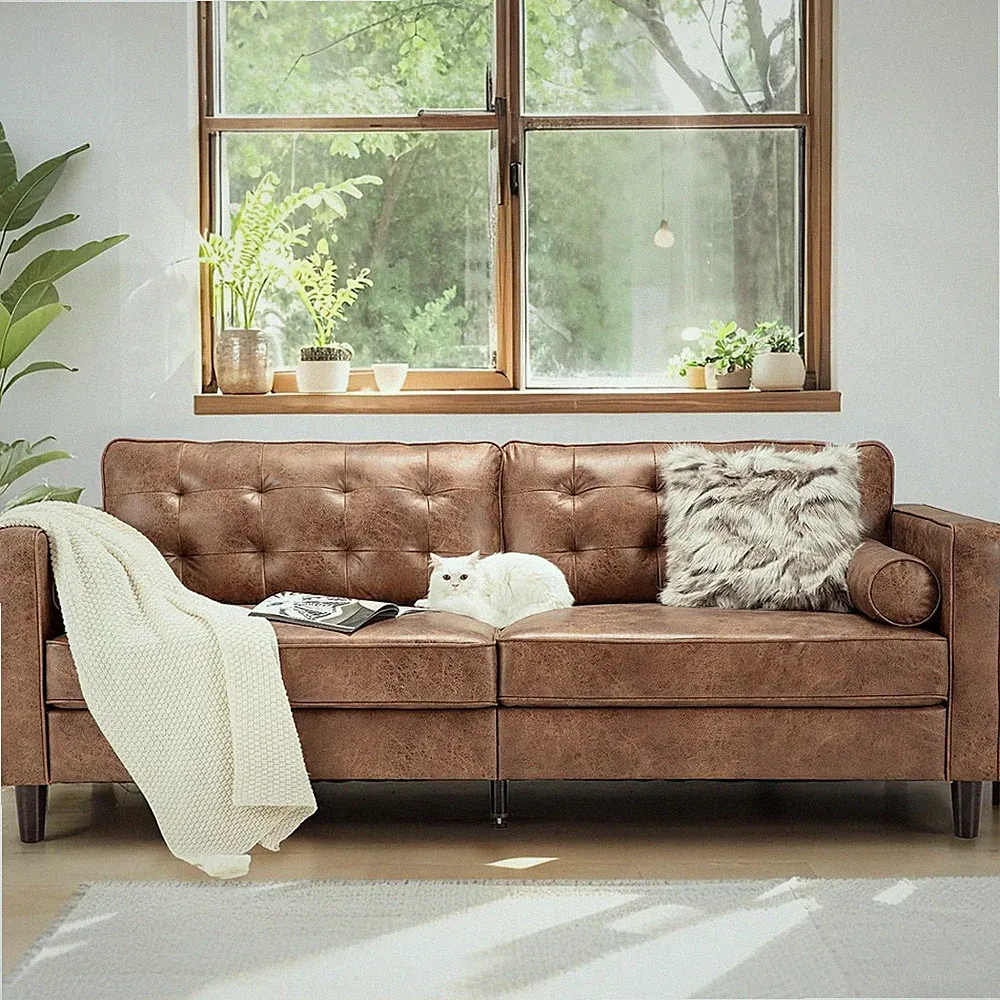 84.2" Mid-Century Modern Sofa Bed 3-Seater Tufted Faux Leather Deep Seat Brown
