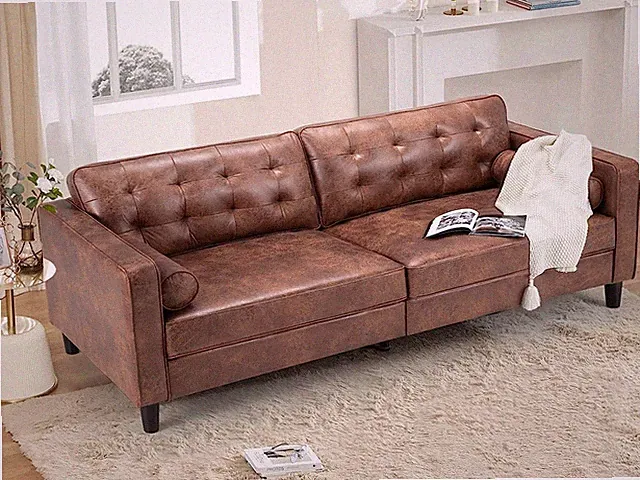 84.2" Mid-Century Modern Tufted Sofa 3-Seater Couch with Rolled Accent Pillows