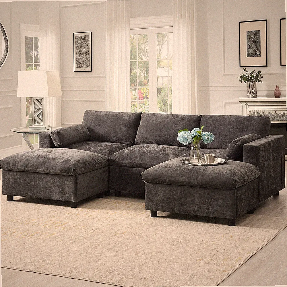84.5" Modular Sectional Sofa 5 Seat U-Shaped Chenille Couch Set with Ottoman