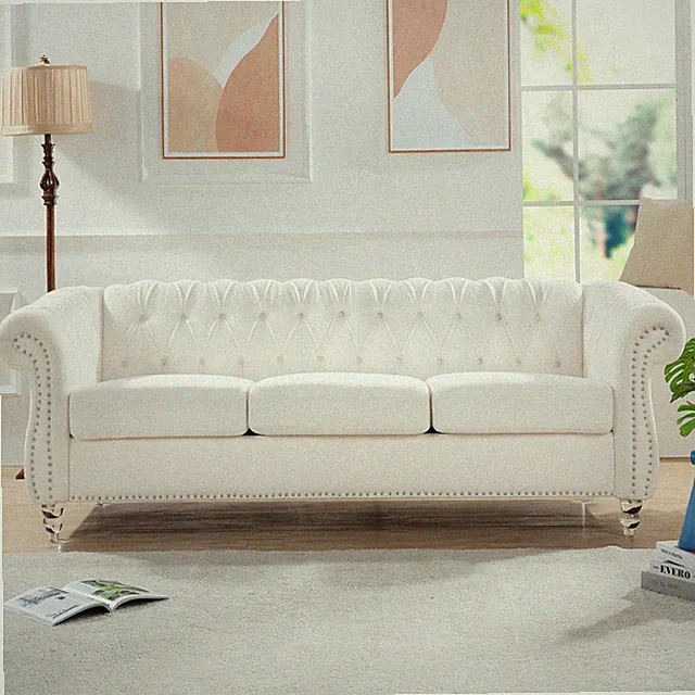 84.65"3 Seater Sofa Couch Rolled Arm Chesterfield Living Room Acrylic Legs White