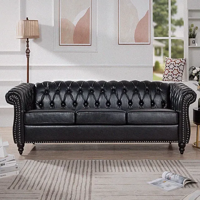 84.65" Black PU Chesterfield Rolled Arm 3-Seater Sofa