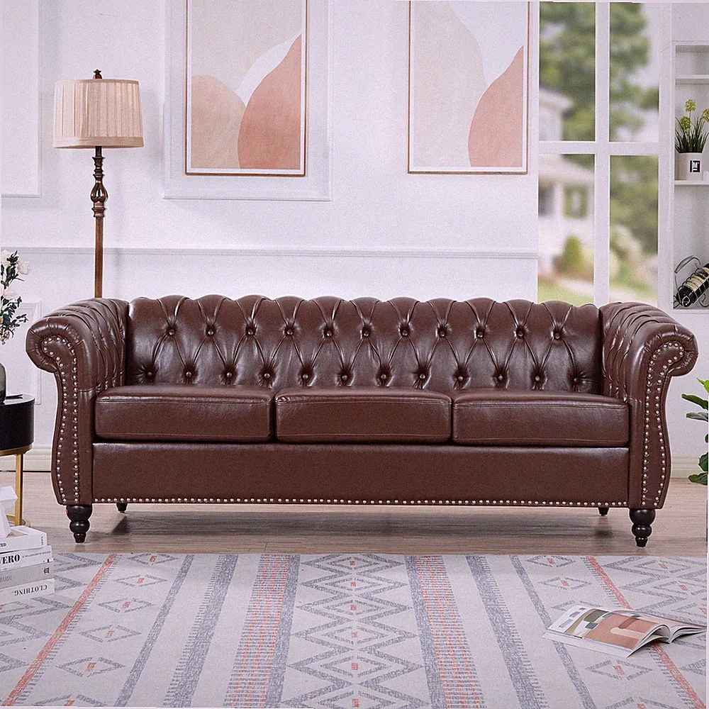 84.65" Dark Brown PU Leather Chesterfield 3-Seater Sofa