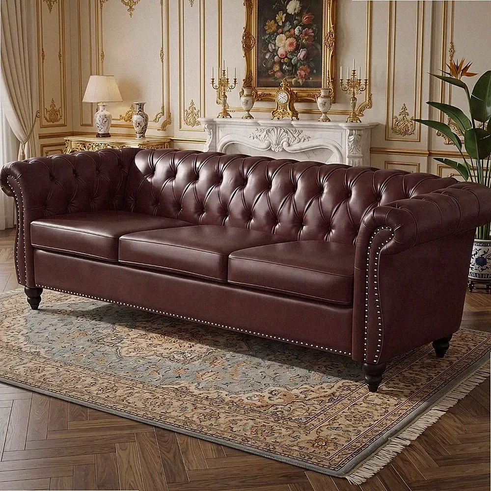 84.7" Chesterfield Faux Leather Sectional Sofa, Tufted Traditional Modular Couch