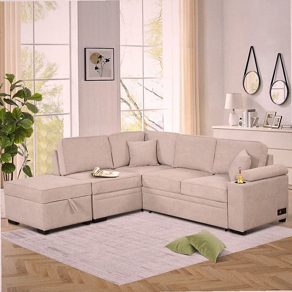 84.75" L-Shaped Sleeper Sofa Pull Out Couch Bed Velvet Sectional Sofa