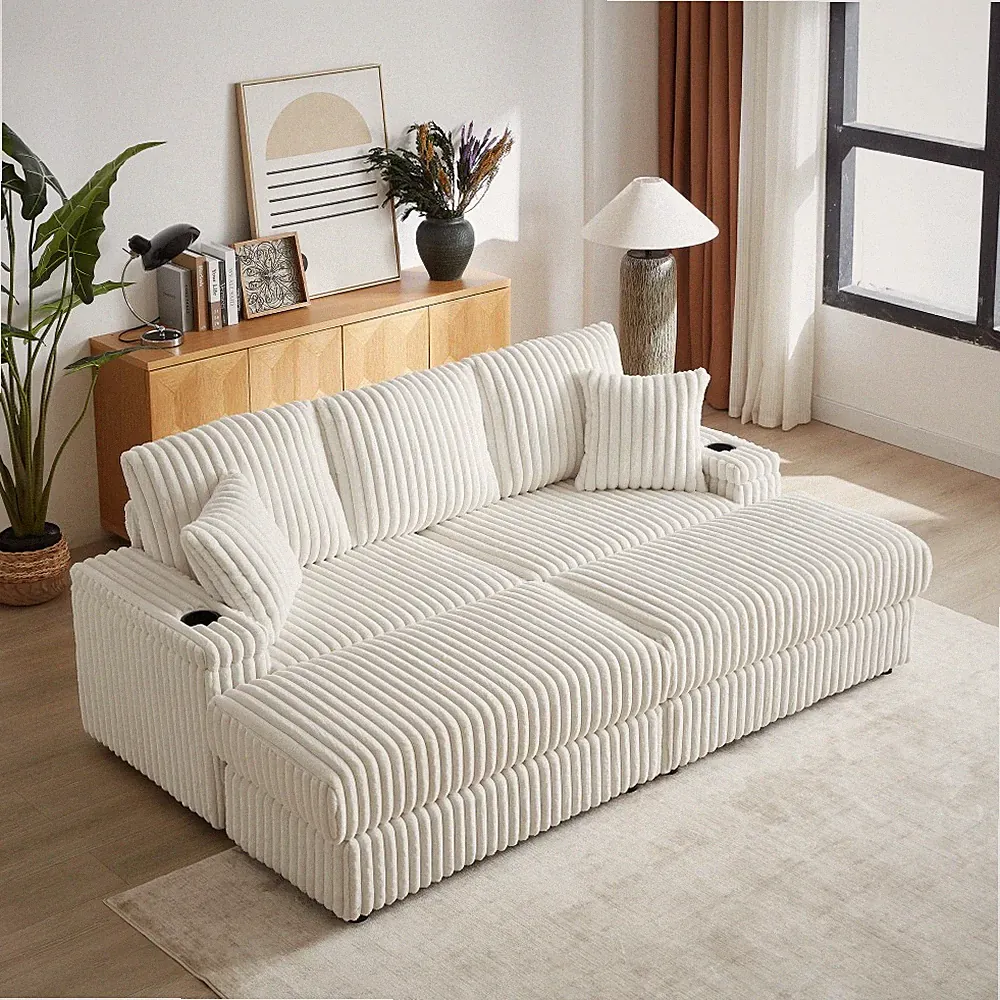 84" Beige Corduroy Sectional Sofa with Storage Ottomans, 3 Seater Couch