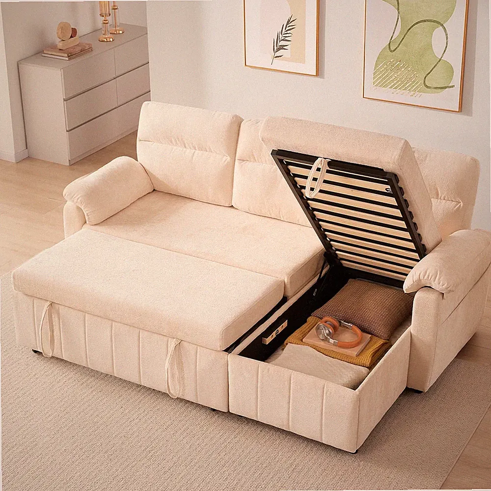 84" Chenille Queen Sleeper Sofa Bed with Storage Chaise USB Charging RV Beige