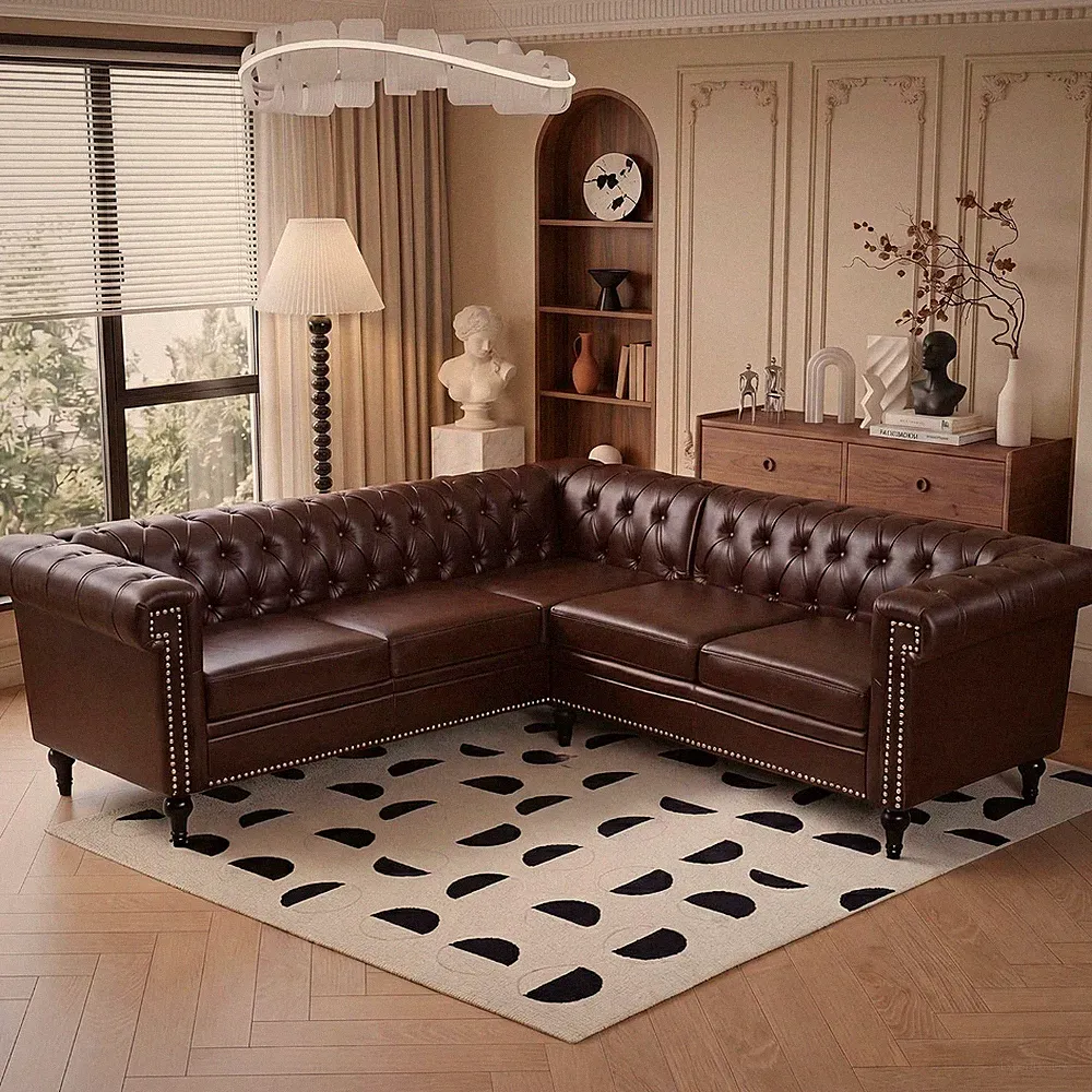 84" Chesterfield Sectional Sofa with 3 Pillows, Tufted 5 Seat Faux Leather Couch