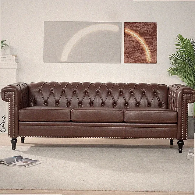 84" Chesterfield Tufted Sofa Couch with Deep Seat Cushions, Rolled Arms & Gold A