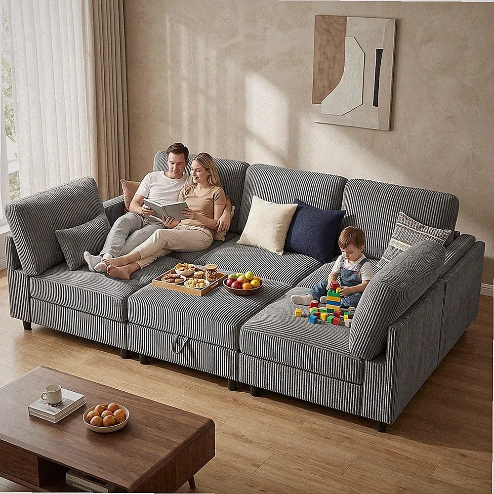84 Inch Sectional Couch, Convertible 6 Seat Sofa Bed with Storage, Modular Secti