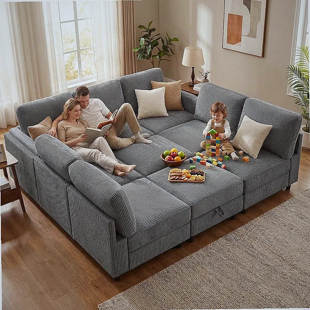 84 Inch Sectional Couch, Convertible 9 Seat Sofa Bed with Storage, Modular Secti